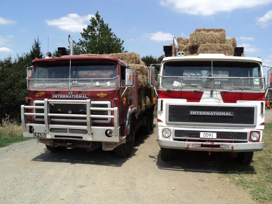 Two International trucks side by side, both loaded with square bales of hay